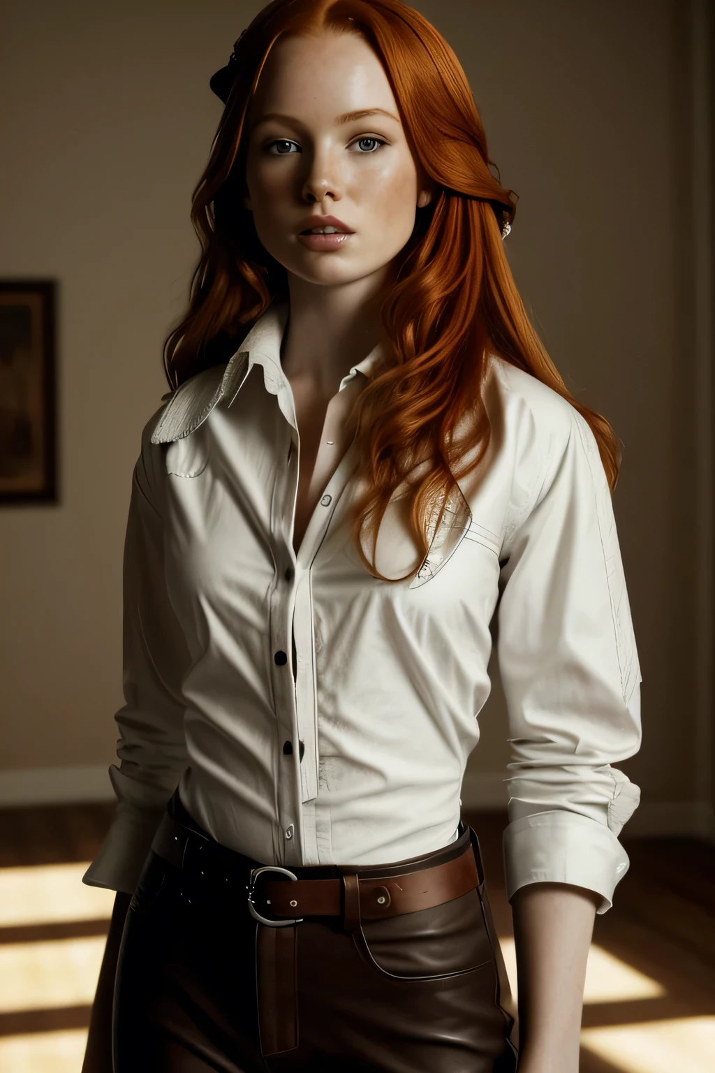 1girl in, age19, Solo, Aesthetic artwork, irish redhead, wavy ginger hair, shoulder length ginger hair, gray eyes, light grey eyes, some small freckles, pale skin, A-cup, small breasts, runners body, detailed skin texture, in a candle light room, wood walls, wooden boards, (extremely detailed 8k wallpaper), soft lighting, high quality, film grain, Fujifilm XT3 sharp focus, f 5.6, 50mm, High Detail, Sharp focus,(natural light), white linen shirt, pirate costume, pirate queen, leather pants, pirate hat, crazy details, complex details, hyper detailed