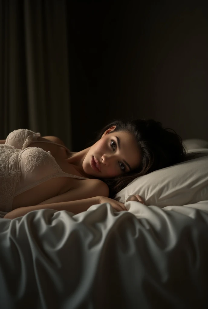 cinematic lighting, Bright dark, ray tracing, Mixing, hyper-realism, hasselblad, 85mm, f/1.8, Photo at eye level, multiple views, First person view, best quality, artwork, anatomically correct, texturized skin, Sensual model in underwear resting on soft bed