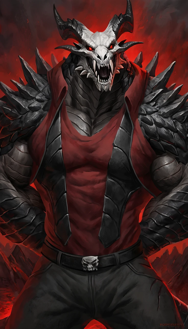 dragon like anthro lizard, hands behind back, anthro dragon, solo, portrait, scaly, detailed scales, experienced predator, dragonic, monster, mercenary, grin, open mouth, black scaly body, matte body, toned, muscular anthro, big muscles, big horns, wearing vest and pants, wearing red shirt, detailed scales, scars on body, 1male solo, anthro, muscular, thick neck, thick tail, skull head, marked jaw, Helltaker style, underground cave city background, darkness, horror, best quality, 4k, ultra-detailed, by laobai, by taran fiddler, by honovy