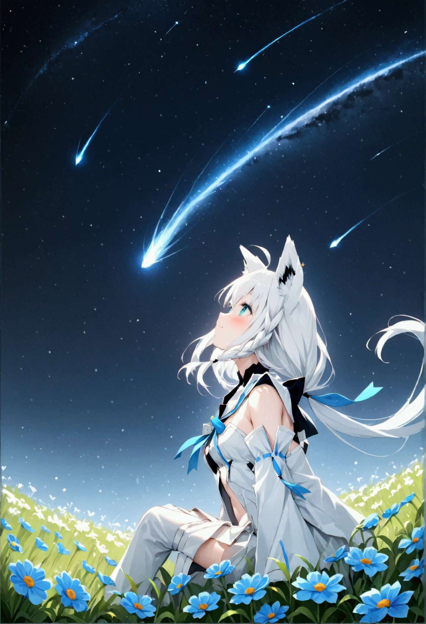  High image quality 、masterpiece、   high quality、Full HD、4K、画面の半分以上をNight Sky、 draw one girl 、View from the side、Reaching for the sky、 Shirakami Fubuki、 long gray hair 、 blue eyes、Fox Ears、 white idol clothes、 flat chest、Blushing cheeks 、 looking up at the sky 、Blue Flower Field、 sitting on the ground、Night Sky、 shooting stars