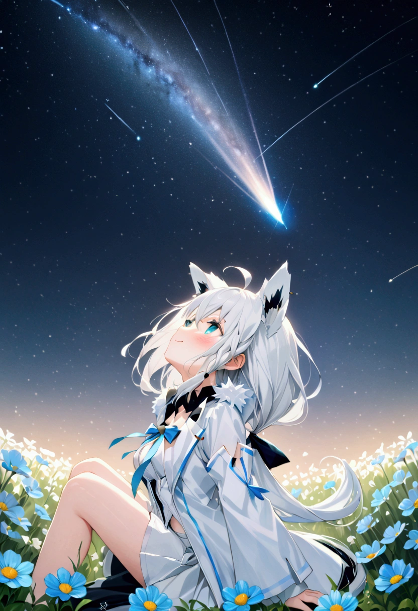  High image quality 、masterpiece、   high quality、Full HD、4K、画面の半分以上をNight Sky、 draw one girl 、View from the side、Reaching for the sky、 Shirakami Fubuki、 long gray hair 、 blue eyes、Fox Ears、 white idol clothes、 flat chest、Blushing cheeks 、 looking up at the sky 、Blue Flower Field、 sitting on the ground、Night Sky、 shooting stars