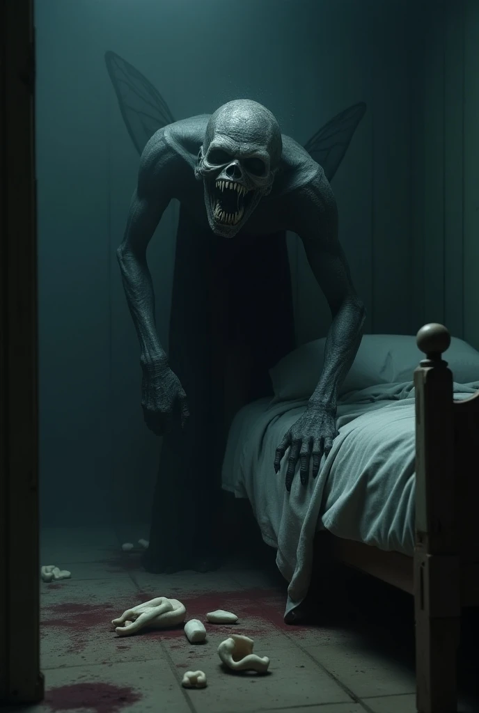 abandoned mansion, man sleeping as a monster comes out from under his bed