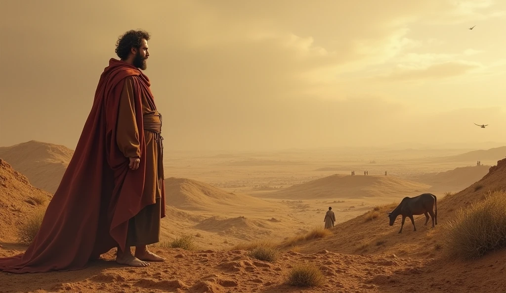 A men wear green hijab sitting camel,
both hand are tied by iron rope in back side,
Neck are tied by iron rope,
Burning tents,
Burning date tress,
8 men wear red battle suit with sword,
No modern weopan,weaopan around bc,
Bloody sky
