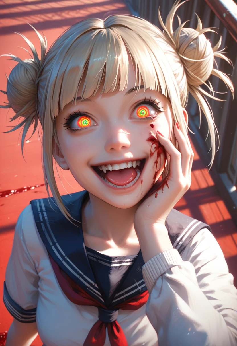 masterpiece, best quality, amazing quality, very aesthetic, absurdres, newest, scenery, 1girl, toga himiko, teeth, open mouth, blood on face, smile, double bun, crazy eyes, holding knife, hand on own cheek, upper body, school uniform, red background, backlighting, from above, dutch angle, , close-up, photorealistic, dutch angle, (colorful), from above, , masterpiece, best quality, amazing quality, very aesthetic, absurdres, newest, scenery, volumetric lighting
