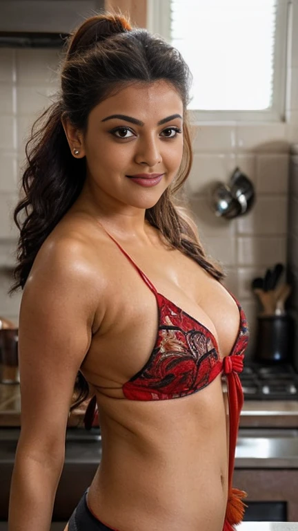 extreme close up photo of naked hindu indian, hourglass figure, big breasts, deep cleavage, in a kitchen, hourglass figure, open arms, sultry, ponytail, look at viewer, red tiny bikini and black shirt, (cinematic:1.3), intricate details, (ArtStation:1.2), slim