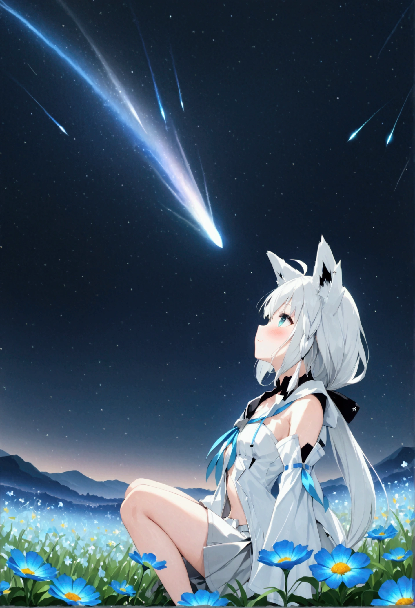  High image quality 、masterpiece、   high quality、Full HD、4K、画面の半分以上をNight Sky、 draw one girl 、View from the side、Reaching for the sky、 Shirakami Fubuki、 long gray hair 、 blue eyes、Fox Ears、 white idol clothes、 flat chest、Blushing cheeks 、 looking up at the sky 、Blue Flower Field、 sitting on the ground、Night Sky、 shooting stars