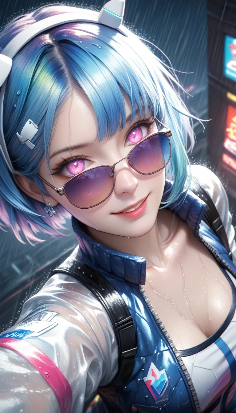 masterpiece, best quality, amazing quality, very aesthetic, absurdres, newest, scenery, 1girl, smile, night, arona \(blue archive\), gojou satoru \(cosplay\), sunglasses, blue hair, black gloves, jacket, pointing at viewer, dutch angle, from above, casting spell, purple magic, glowing eyes, close-up, , photorealistic, close-up, poster \(medium\), dutch angle, from above, (wide shot), cyberpunk, neon, dark background, rain, close-up, dutch angle, (colorful), from above, masterpiece, best quality, amazing quality, very aesthetic, absurdres, newest, scenery, volumetric lighting
