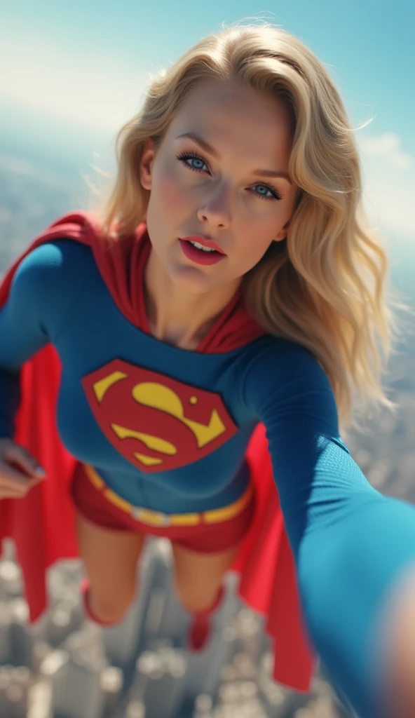 INSANELY SEXY, RIPPED MUSCULAR BUSTY,  SUPERGIRL WEARING THE ORIGNAL SUPERGIRL COSTUME FROM 1950. SOARING WHILE TAKING A SELFIE. 8k, high definition, visible cleavage, busty, looking down her shirt