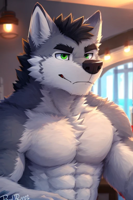  green eyes, alone, ((lobo)), ( male face), muscular male , (thick shading  ), five fingers,  detailed hands, gray fur, (Neck up approach), alone,  short hair ,  male focus  , (head tilted), ((focus on the face)), (Free image to AI), long cola, por pache riggs