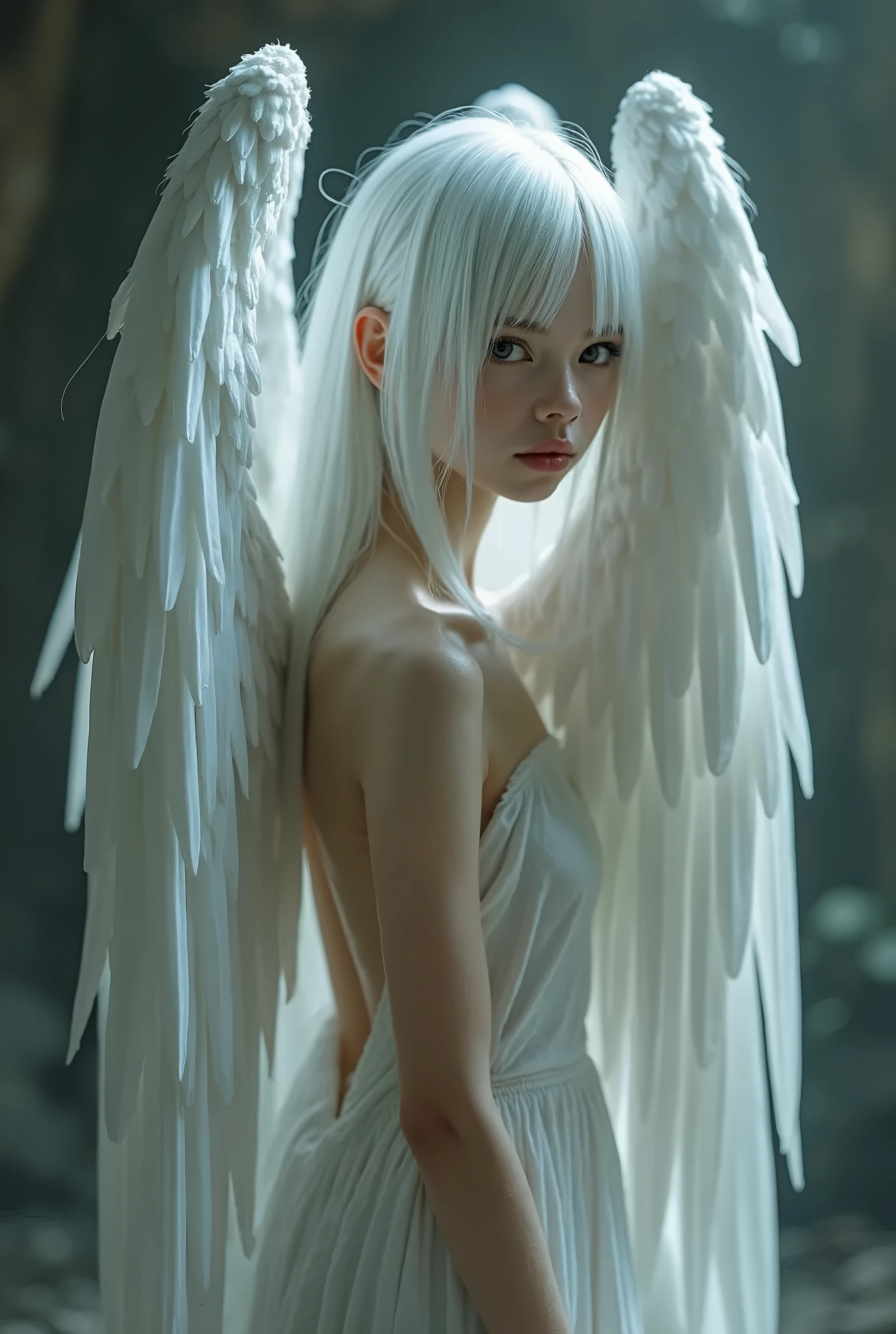 A character with long, white hair tied up, she only has one wing 
