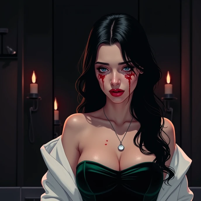 (extremely detailed 8k wallpaper), dark theme, Vampire the Masquerade, adult theme, modern horror, realistic, 2020s, adult woman, extremely beautiful, seductive, wearing blood-stained white dress, sharp focus, (subsurface scattering:1.1), award-winning photography, centered face, ((Christina Ricci's face)), front, half-body photo:1.1, medium black hair, supernatural neon green eyes:1.2,  Serious expression, in a meeting room abandoned at night, white rose in hand, dramatic lighting