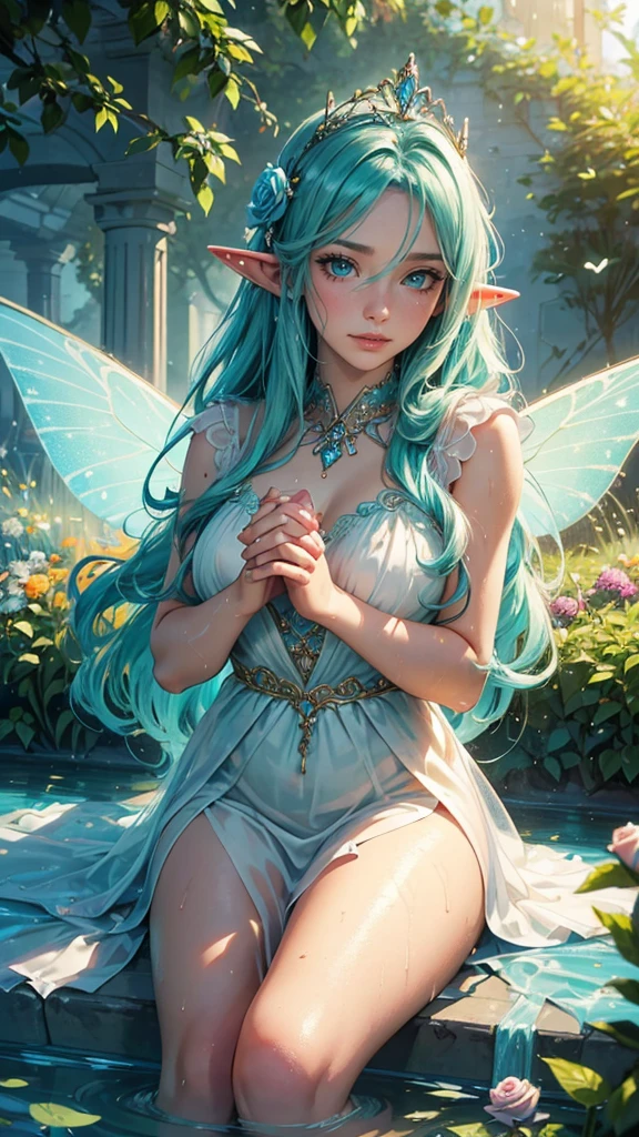 1girll, (full bodyesbian)，aqua hair, Beautiful detailed eyes,Long eyelashes,Long hair,station，Rose garden,Happy expression,Colorful flowers,Soft sunlight,Butterflies dancing,Fairy wings,floating dress,Sparkling tiara,painting-like,Ethereal atmosphere,Vibrant colors,Golden hour lighting,Tranquil background,magical ambiance,Light and light strokes,Dreamy and whimsical,Classy and Elegant,Peaceful and charming,Harmonious composition,Sophisticated and charming,Positive radiation,Endlessly fascinating,Surreal and charming,Storybook-style,fantasy inspired,Mysterious and ethereal,vividly realistic，vibrant with colors,painting coming to life,Totally mesmerizing and fascinating,Simply breathtaking.(Best quality,4K,8K,A high resolution,Masterpiece:1.2),Ultra-detailed,(Realistic,Photorealistic,photo-realistic:1.37),
detailed hands, detailed eyes, detailed face,full body, elf girl