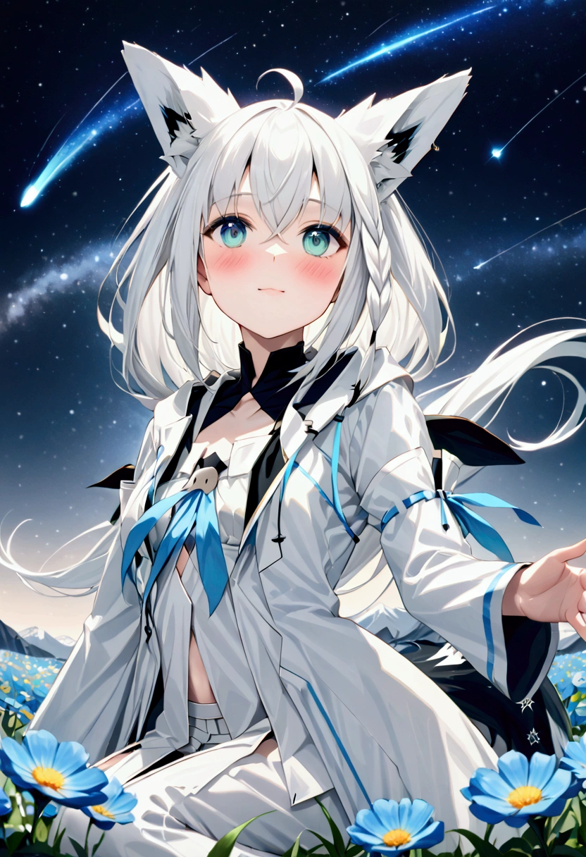  High image quality 、masterpiece、   high quality、Full HD、4K、画面の半分以上をNight Sky、 one girl sitting on the ground 、View from the side、Reaching for the sky、 Shirakami Fubuki、 long gray hair 、 blue eyes、Fox Ears、 white idol clothes、 flat chest、Blushing cheeks 、 looking up at the sky 、Blue Flower Field、Draw 、Night Sky、 shooting stars