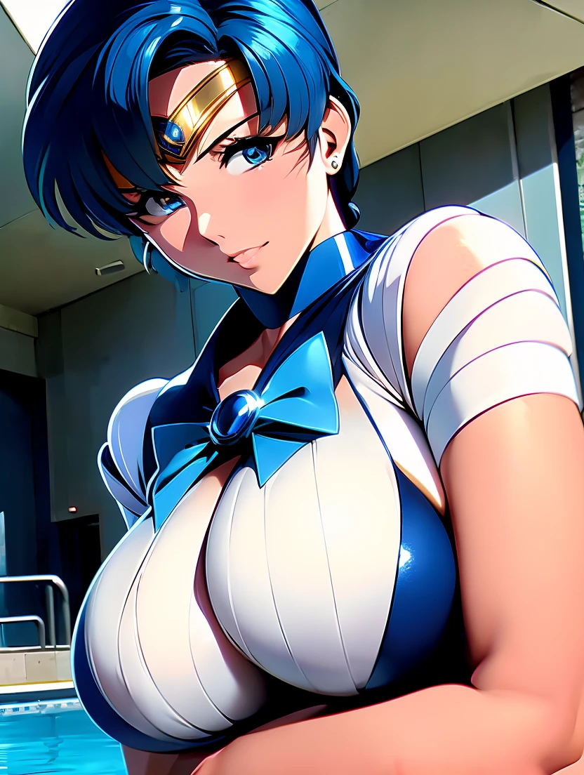 Sailor Mercury wearing a police uniform,Long Blue Hair,Blue Power Ranger, Hurricane ,セクシーなゴス女性の big breasts at the temple,  character sheet ,At the pool, Hi-Res,  big breasts at the temple, 