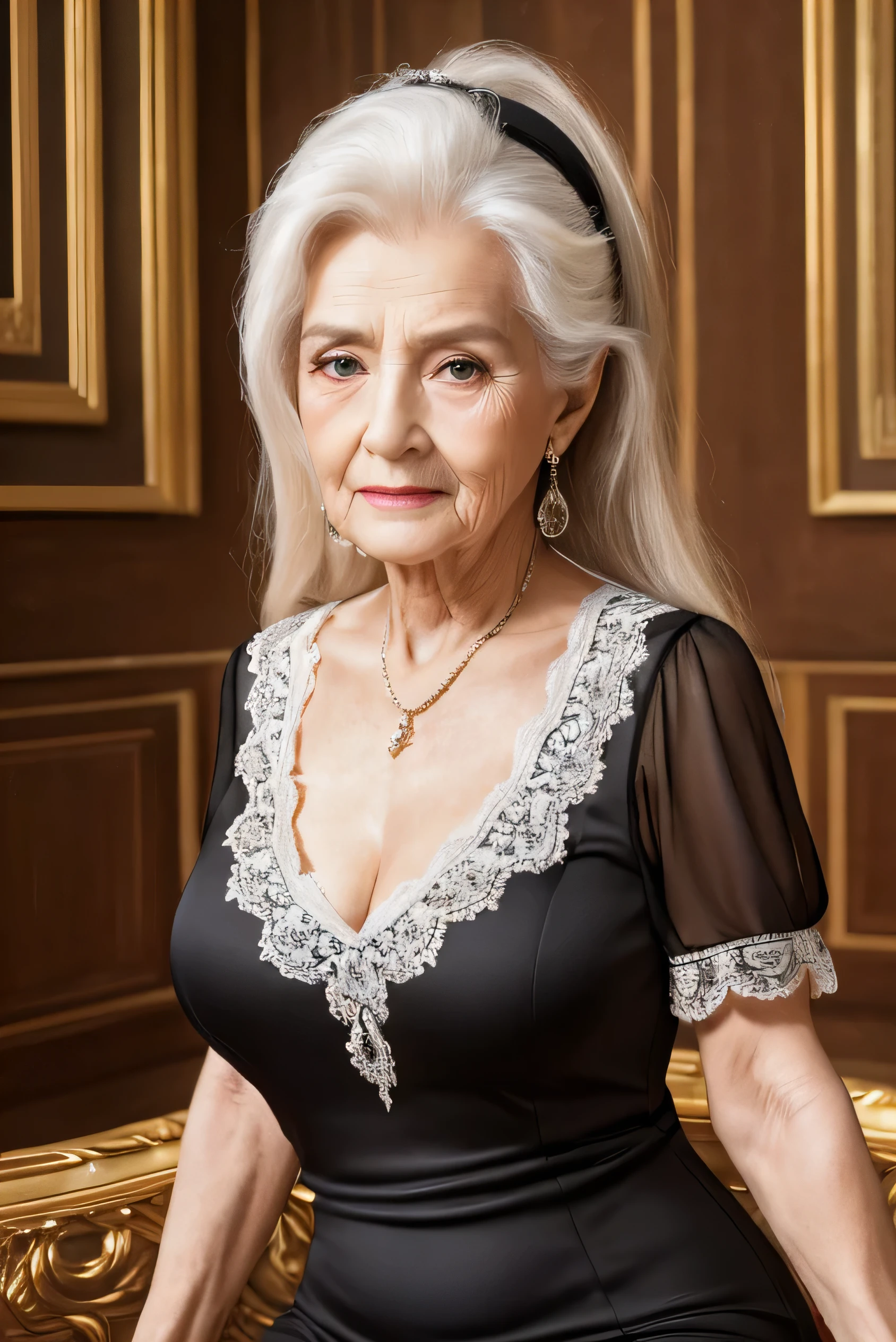 Pay back, masterpiece, high res, Realistic, RAW photos from the last century, 8k wallpaper, perfection, Professional Lighting, Long Hair, very detailed , ((Beautiful old lady)), 80 years old, Sexy old woman, ((Sexy black mini dress)), , upper body, (( stares at viewers 'eye)), Details Faces , Beautiful eye, ((I' I'm looking forward to it )), In the stylish dining room, sunny, bangs, Shapely breasts, Long Hairヘア, Plump and Shiny Lips , cowboy shot, (( Put your arms between your legs))