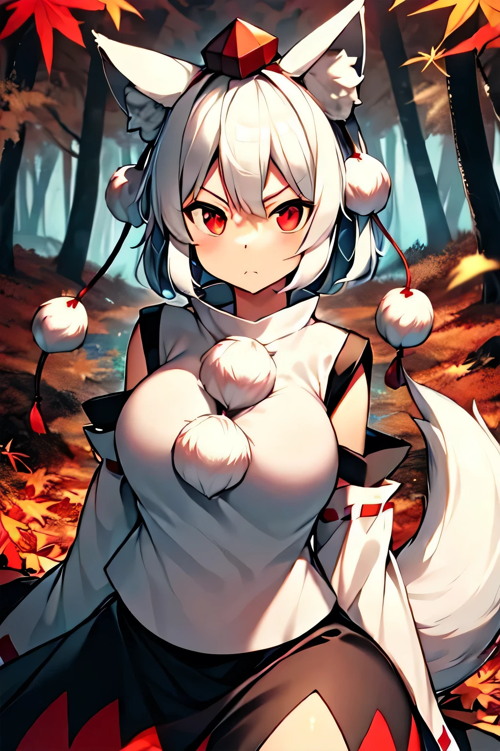 masterpiece, super details, best quality, inubashiri_momiji_touhou, animal_ears, wolf_ears, short_hair, red_eyes, white_hair, hat, tokin_hat, wolf_tail, tail, breasts, serious, autumn, forest