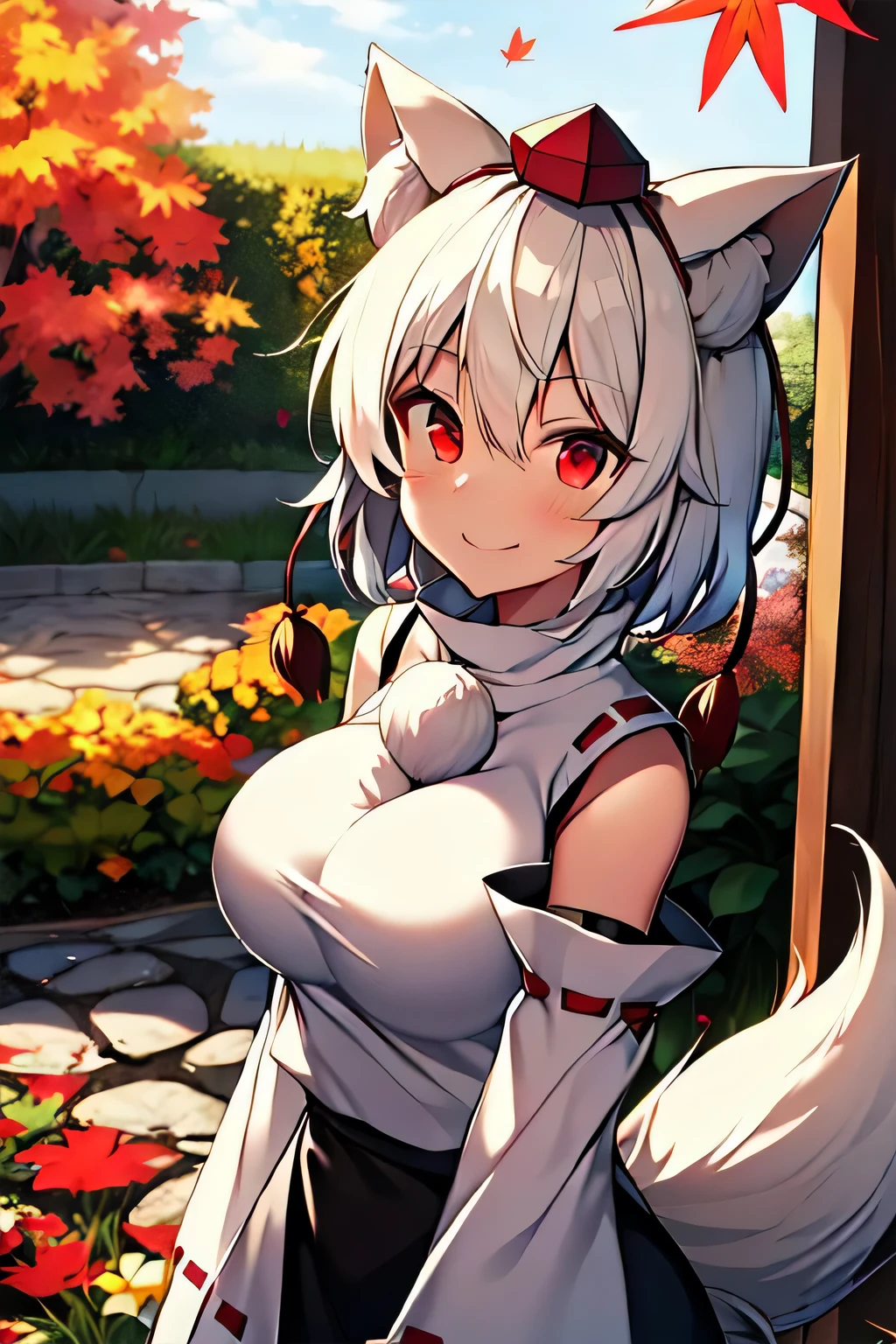 masterpiece, super details, best quality, inubashiri_momiji_touhou, animal_ears, wolf_ears, short_hair, red_eyes, white_hair, hat, tokin_hat, wolf_tail, tail, breasts, smile, autumn, garden