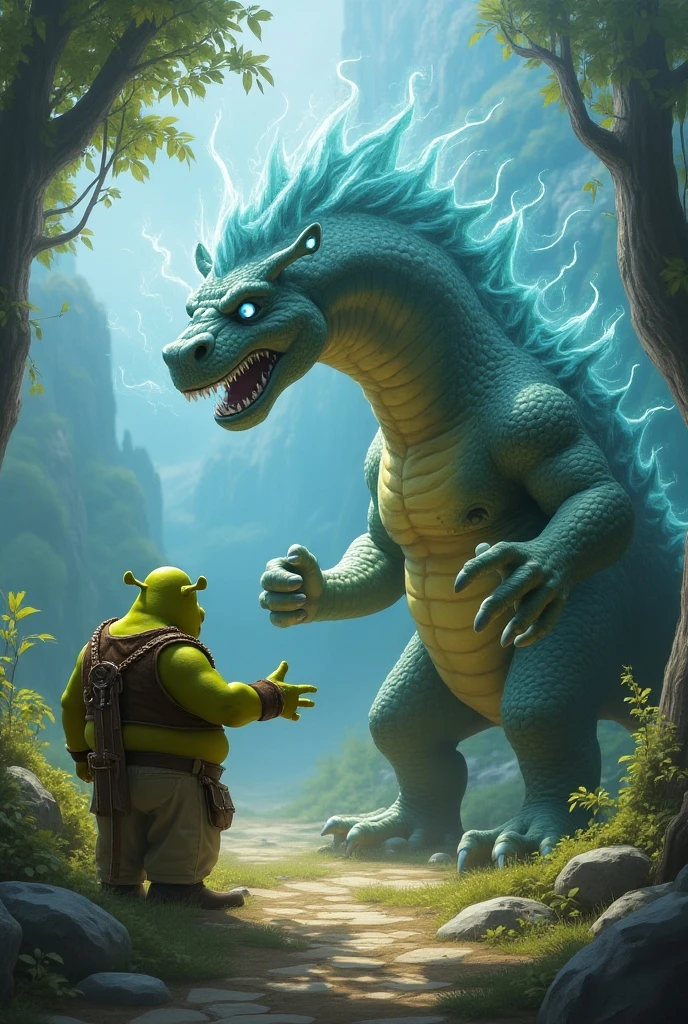 Cartoon illustration of a boy and a blue monster in the forest, colorful kids book illustration, kids book illustration, children book illustration, kids book illustration, childrenbook illustration, children book illustration, children book illustration, illustration for children, children's illustration, children's illustration, cute storybook illustration, in a magical forest, in a magical forest, Cute little troll