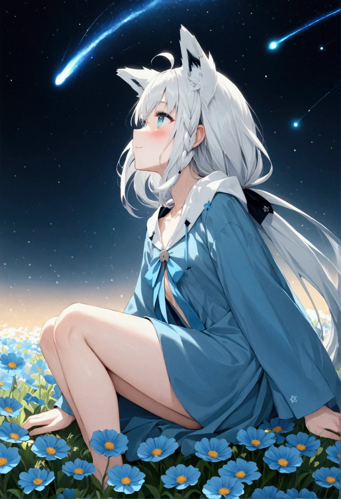  High image quality 、masterpiece、   high quality、Full HD、4K、画面の半分以上をNight Sky、 one girl sitting on the ground 、View from the side、Reaching for the sky、 Shirakami Fubuki、 long gray hair 、 blue eyes、Fox Ears、 blue dress、 flat chest、Blushing cheeks 、 looking up at the sky 、Blue Flower Field、Draw 、Night Sky、 shooting stars