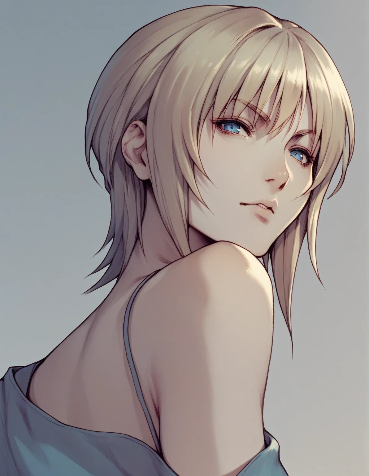 Aya Brea ,   video game character ,  short blonde hair to the shoulders with side bangs. The character's eyes are blue ,  giving her a sharp and focused look .  no shadows 