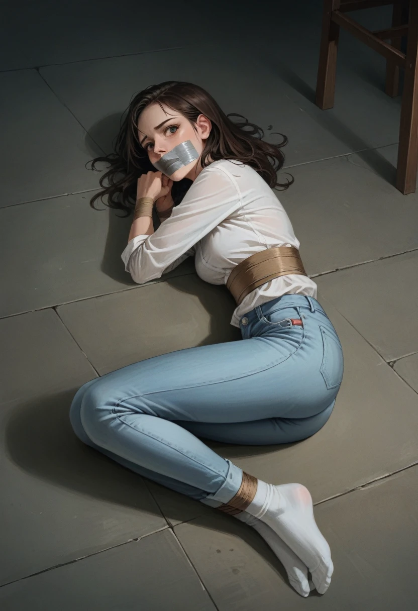 of excellent quality,  Maximum realism , ultra graphics, , a beautiful Russian girl in white jeans with wide shnatines and white socks tied up lies on the floor, trying to get out , mouth taped, tape gagged, 