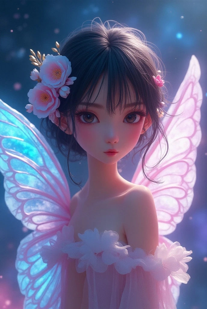multiple exposure, raw photo:1.2, masterpiece, highest quality, 16k, unbelievably absurd, very detailed, perfect beauty, (starry sky with milkyway), (a fantasy world where fairies live), (water color style), (sheer bowlgown dress), (flower tattoos), (fairy wings), beautiful woman, jet black bob cut, drooping eyes, particles of light, professional lighting, vibrant colors, illustration,