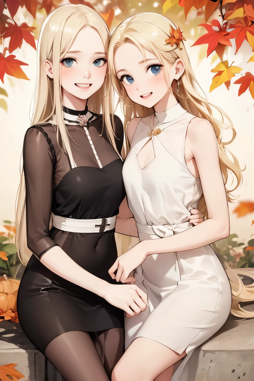  magazine、 Blonde mom and daughter  ,  bright color,  kampala,  realistic depiction,  are on the cover of Fashion Forward  , Affectionate bond  , Trendy clothes, seductive smile , Natural beauty, Professional Lighting, modern style, Artistic Composition， fall leaves for vaginal discharge，