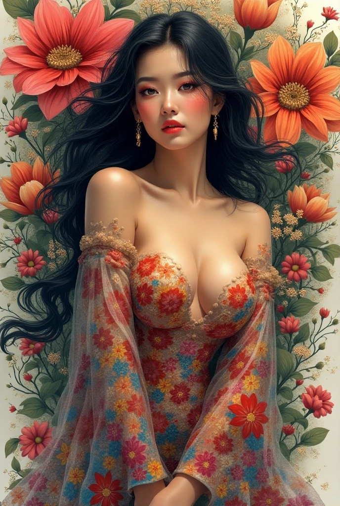 (tongue out, colorful flowers filled in studio gray background, White lace clothes, Glossy Red lips, best quality,ultra-detailed,physically-based rendering:1.2), realistic,portrait, A beautiful young woman with mesmerizing eyes,delicate facial features . ((tongue playfully licking finger, holding in mouth, close-up shot of sensual lips)),subtle blush on cheeks,sensual and sophisticated, alluring gaze. full of flowers covering girl's body, (extra fingers:-0.9, not Detailed finger:-0.9),glistening ivory skin, Overflowing boobs, Gigantic Cleavage, ((nipple:-0.9)) . Whole Body proportions and all limbs are anatomically accurate .