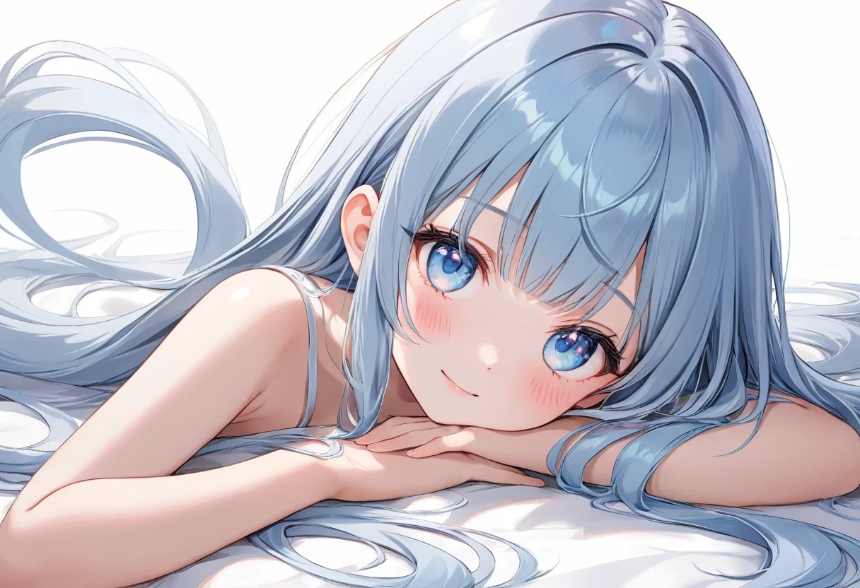 masterpiece, best quality, extremely detailed, (illustration, official art), 1 girl ,(((( light blue long hair)))), ,(((( light blue long hair)))),light blue hair, , long hair ((blush)) , cute face, masterpiece, best quality,(((((a very delicate and beautiful girl))))),Amazing,beautiful detailed eyes,blunt bangs((((little delicate girl)))),tareme(true beautiful:1.2), sense of depth,dynamic angle,,,, affectionate smile, (true beautiful:1.2),,(tiny 1girl model:1.2),)(flat chest) ,score_9,score_8_up,score_7_up,score_6_up, masterpiece,best quality, source anime,,((shy)) 、masterpiece, best quality, very aesthetic, absurdres, 1girl, solo, nude, lying, on stomach, the_pose, from above, simple background, white background,
