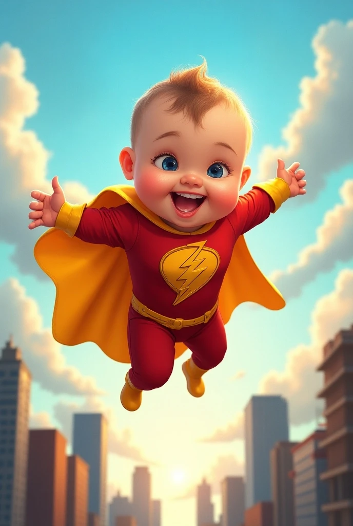create a baby superhero from comic books, with red and yellow clothes, with a yellow lightning bolt on his chest, black cape and mask
