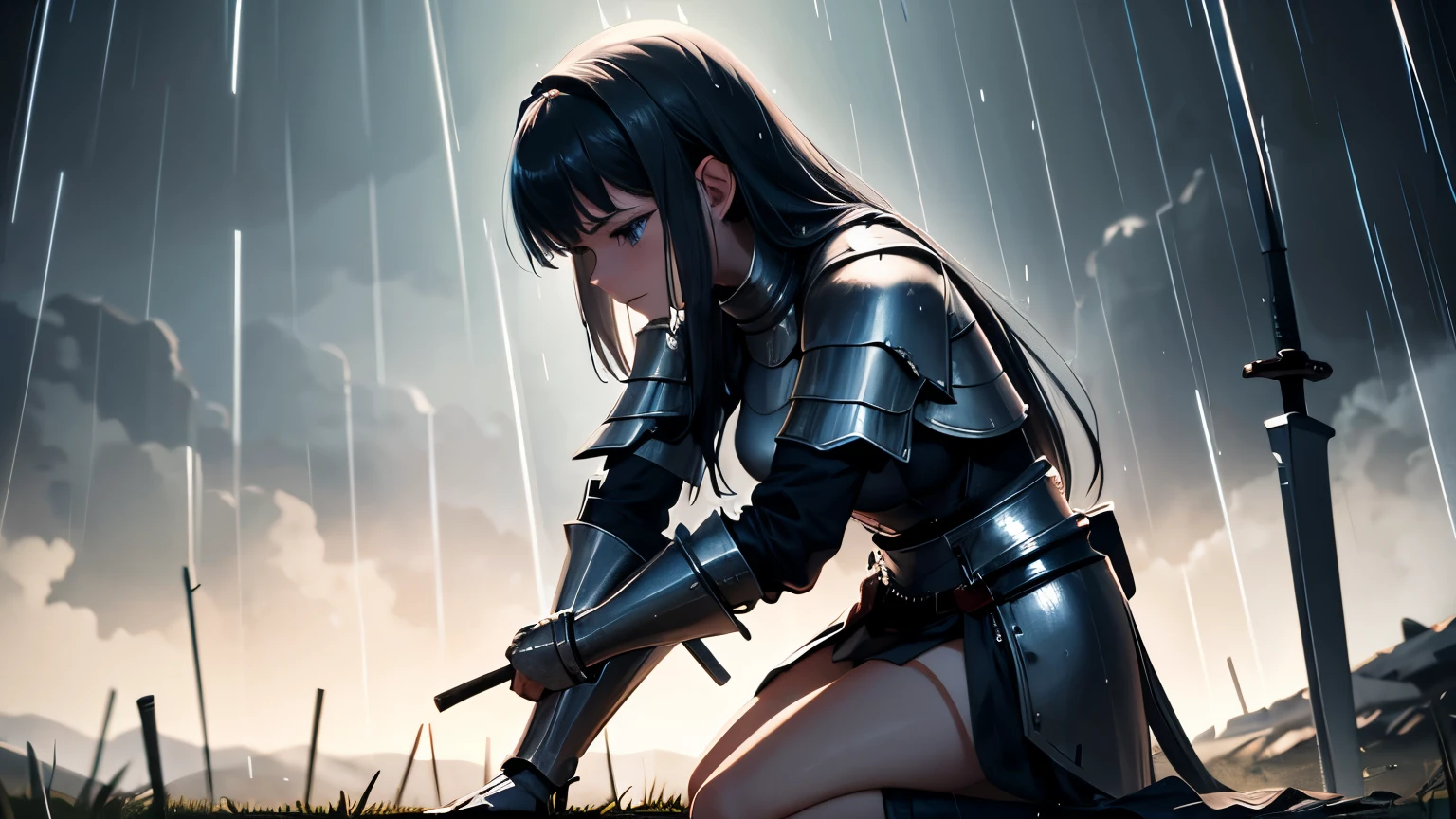A girl, kneeling in the floor, wearing a shattered breastplate, shattered waistplate, in tears, sad, dramatic scene, tears flowing in the face,