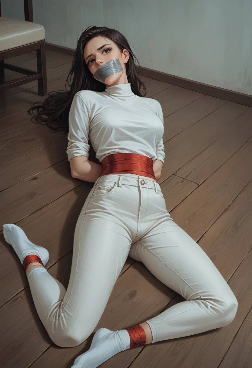 of excellent quality,  Maximum realism , ultra graphics, beautiful Russian girl in white trousers and white socks tied up lies on the floor, trying to get out , mouth taped, tape gagged, 