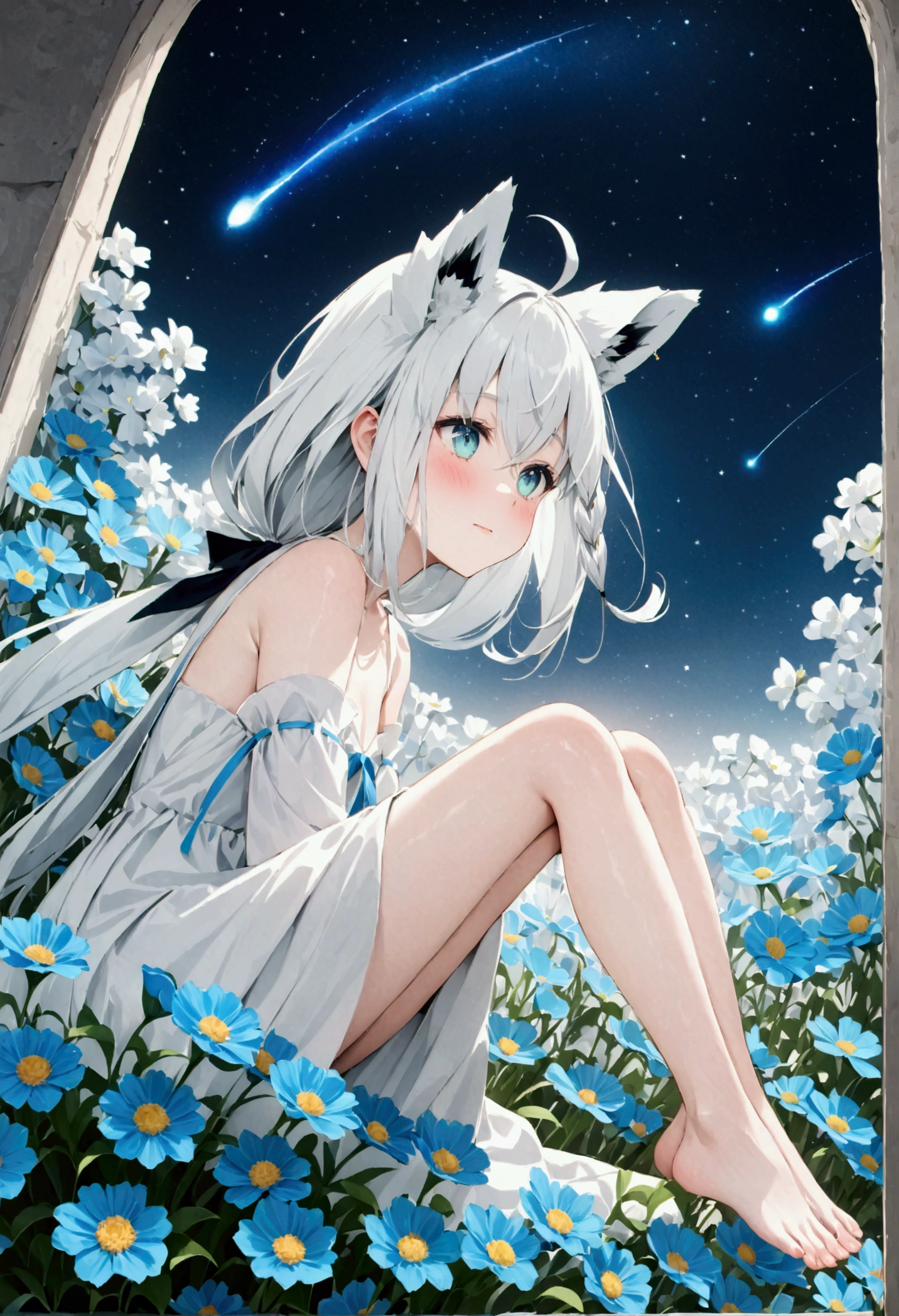  High image quality 、masterpiece、   high quality、Full HD、4K、画面の半分以上をNight Sky、 one girl sitting on the ground 、View from the side、Place your hands on your knees、 Shirakami Fubuki、 long gray hair 、 blue eyes、Fox Ears、 white dress、 flat chest、Blushing cheeks 、 looking up at the sky 、Blue Flower Field、Draw 、Night Sky、 shooting stars