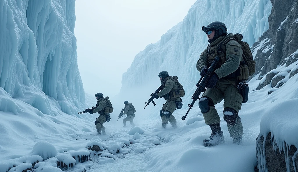 army members training in the snow. cold and sober climate, Antarctica, South Pole. Photography, fully detailed