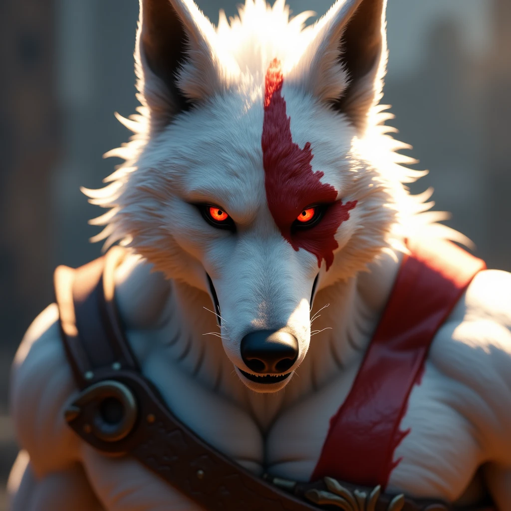 Death wolf, male muscular anthro. Red eyes, white fur, Angry , Looking at the viewer. God of War 2010 style, Red scar on the eye, which covers some of the , Blades of Chaos, AddXL, cinematic lighting, cinematic angle, soft light, color detail, backlighting, Depth of field, long exposure, light steps, intricate colors, vibrant colors, Full body view, Outdoor, Ancient Greece background,