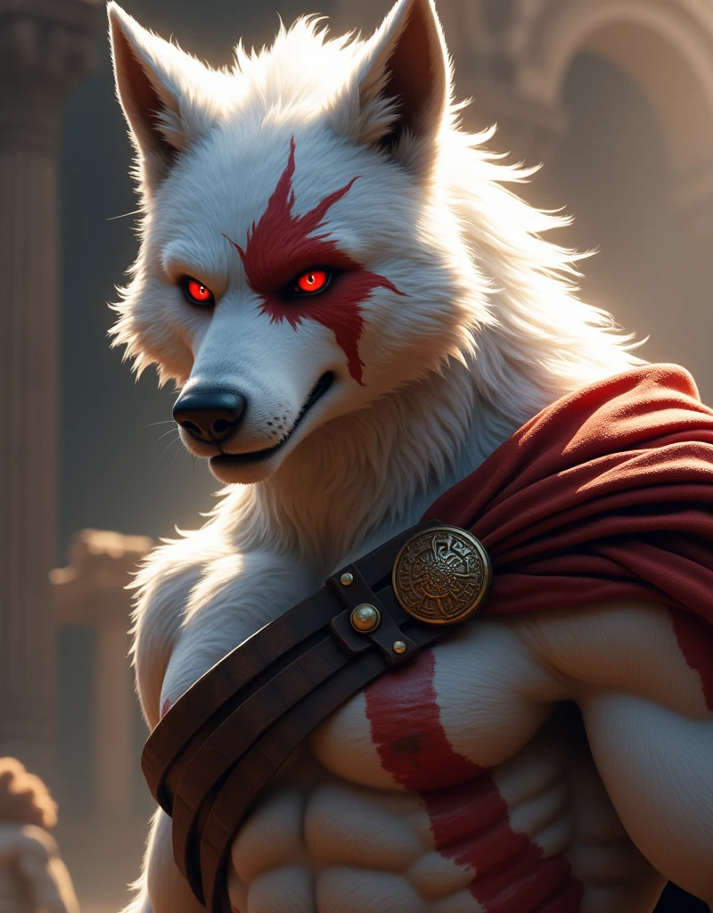 Death wolf, male muscular anthro. Red eyes, white fur, Angry , Looking at the viewer. God of War 2010 style, Red scar on the eye, which covers some of the , Blades of Chaos, AddXL, cinematic lighting, cinematic angle, soft light, color detail, backlighting, Depth of field, long exposure, light steps, intricate colors, vibrant colors, Full body view, Outdoor, Ancient Greece background,