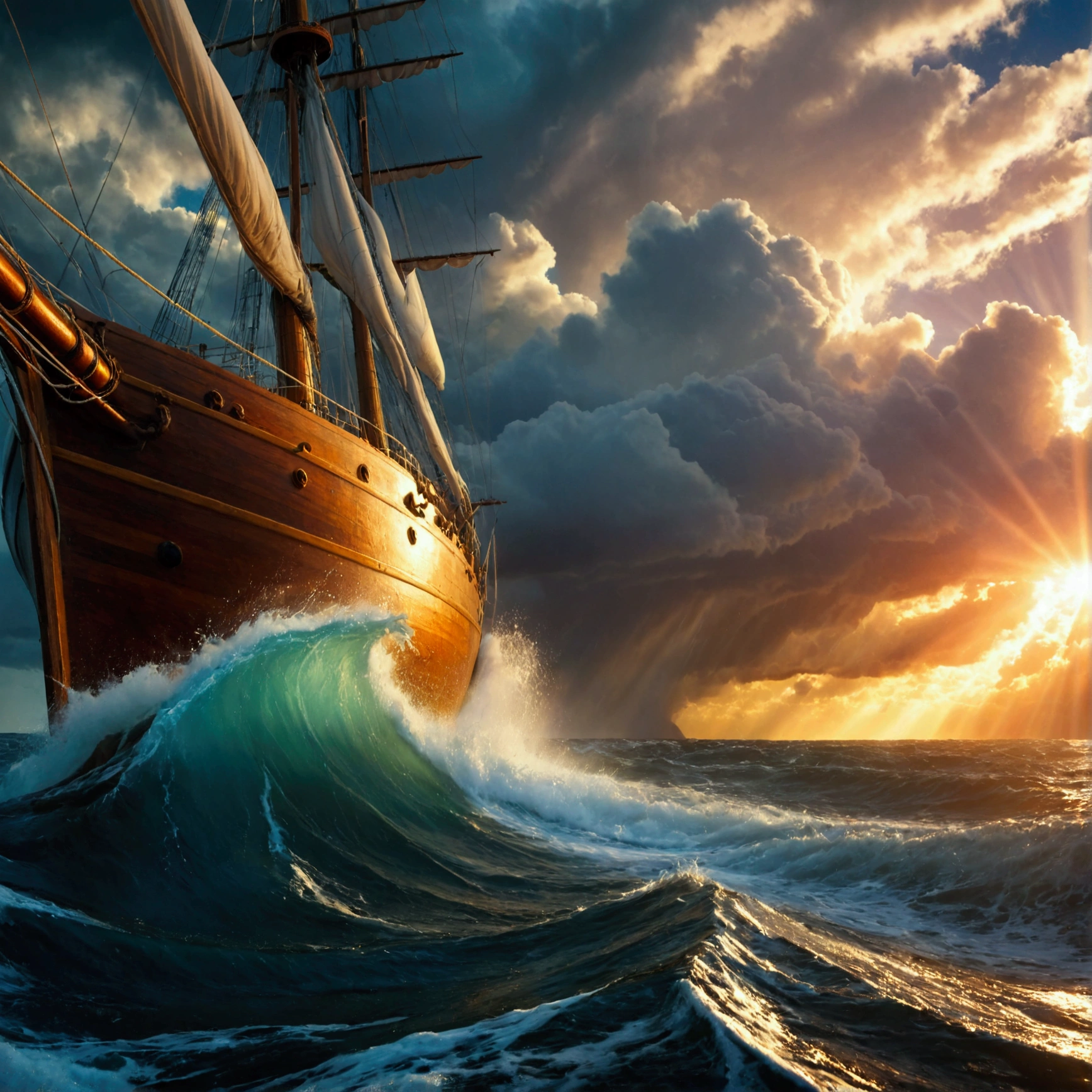 a majestic sailing ship, stormy ocean, dramatic cloudy sky, crashing waves, heavy rain, moody lighting, cinematic composition, hyper-realistic, 8k, detailed, photorealistic, studio lighting, vibrant colors, dramatic atmosphere, ship's hull tilted by the wind