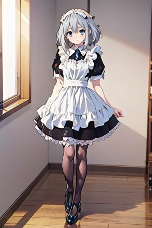 masterpiece, best quality, 1girl, tobiichi origami angel, blue eyes, solo, standing,  white hair, short hair, bangs, hair between eyes,  (full body art) , ballgown , maid outfit , maid