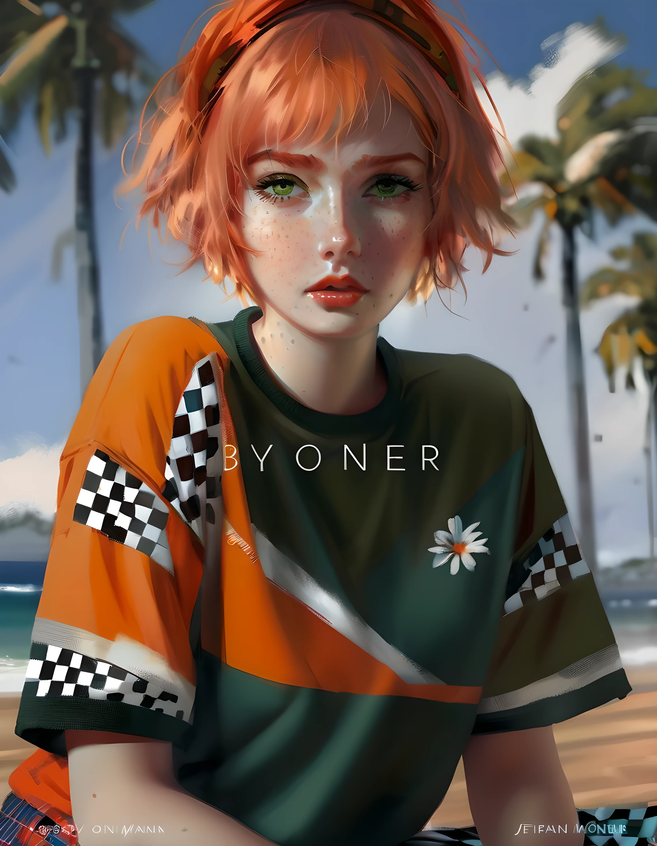 (bipolar background )  young girl Isabel Moner-SMF Dora ), (((view down))) (low camera view ). (  hyperrealistic  ), Very short orange hair,   expressive green eyes  , freckles,  Hawaiian jersey,  checkered mini skirt , sports, Sweaty,  medium breasts , aesthetics, ((  oil painting  )), (cadmium:0.2), (ultramarine :0.2), ( olive :0.75),(turquoise:0.2),(orange:0.2), (Jeremy Mann:0.5), ( by John Constable :0.1),(by El Greco:0.5),(  rough strokes of acrylic paint :0.75), 8 thousand.