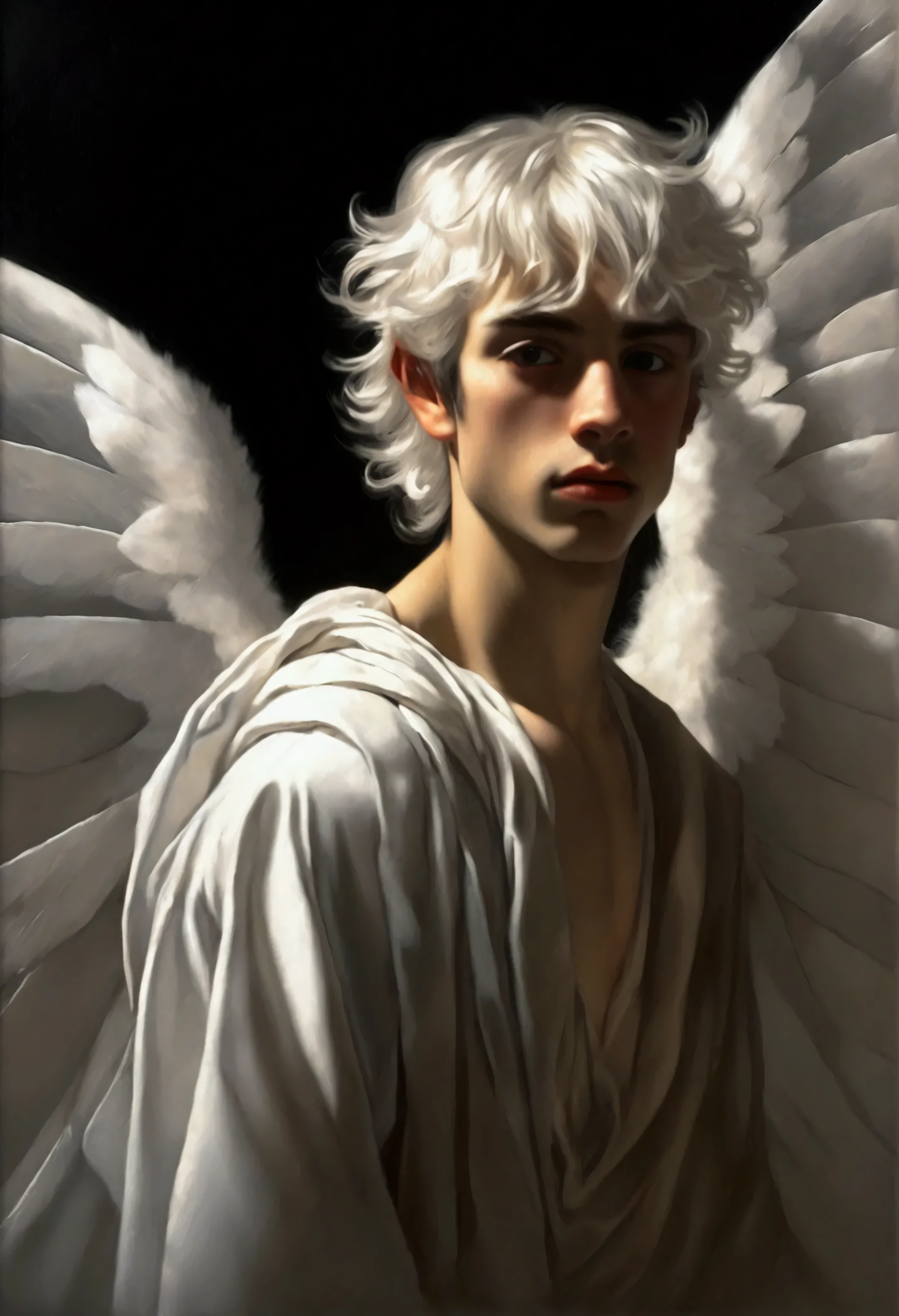 there is a man with a cigarette in his mouth and a white angel wings, inspired by Gian Lorenzo Bernini, fantasy male portrait, baroque digital painting, inspired by Cristache Gheorghiu, beautiful androgynous prince, in the art style of bowater, jean-sebastien rossbach, inspired by Frederick Lord Leighton, inspired by Roberto Ferri