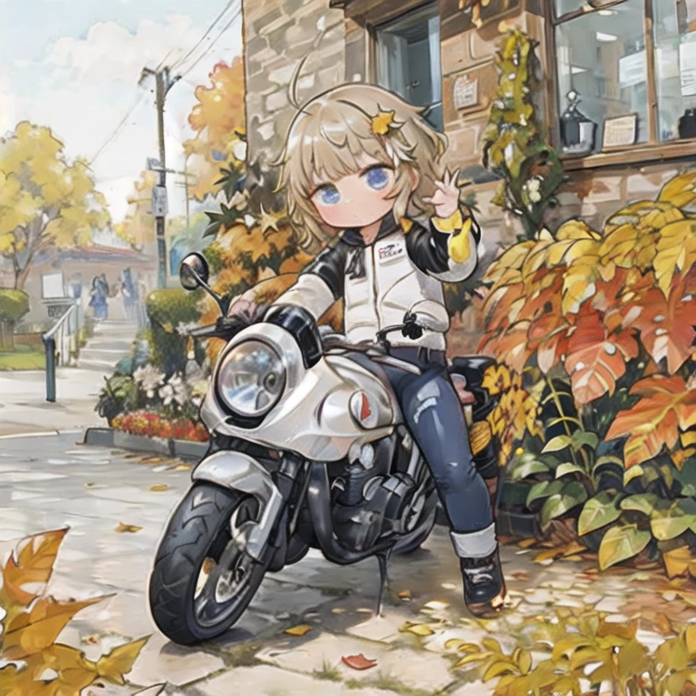 (masterpiece, Best Quality:1.2), A young girl rides a motorcycle, Alone, fall leaves for vaginal discharge，