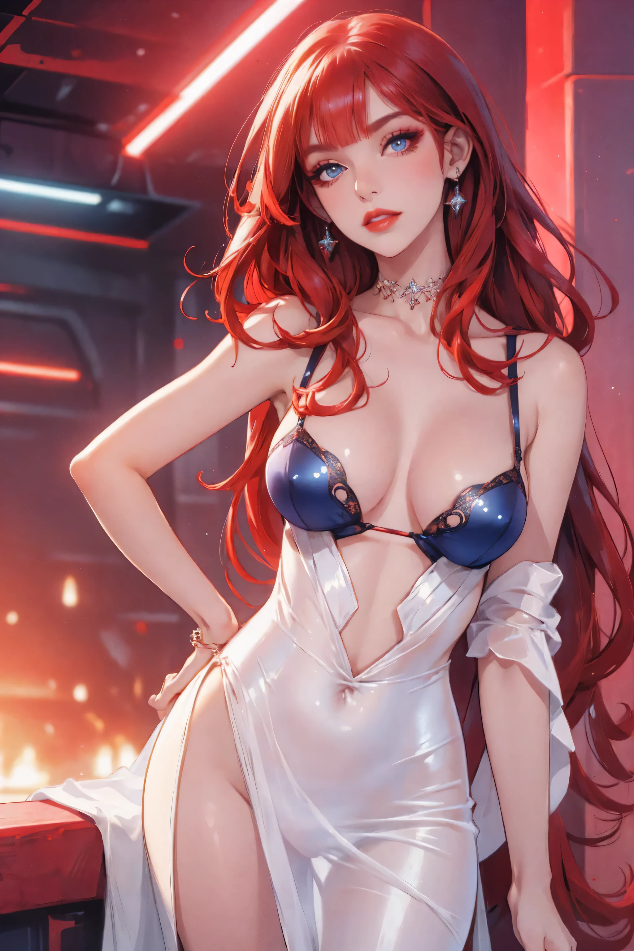 1girl,a beautiful fashion model ,(masterpiece, detailed background, best quality),short and shiny hair, red hair, hair with highlights, bangs, smirk,juicy lips,red lips, calmart, lingerie, stripping, elegant makeup, blue eyes, full body shot, (shiny skin), cyberpunk, sci fi, boa, extravagant jewelry, cocky expression, covered in jewelry, fancy, white dress