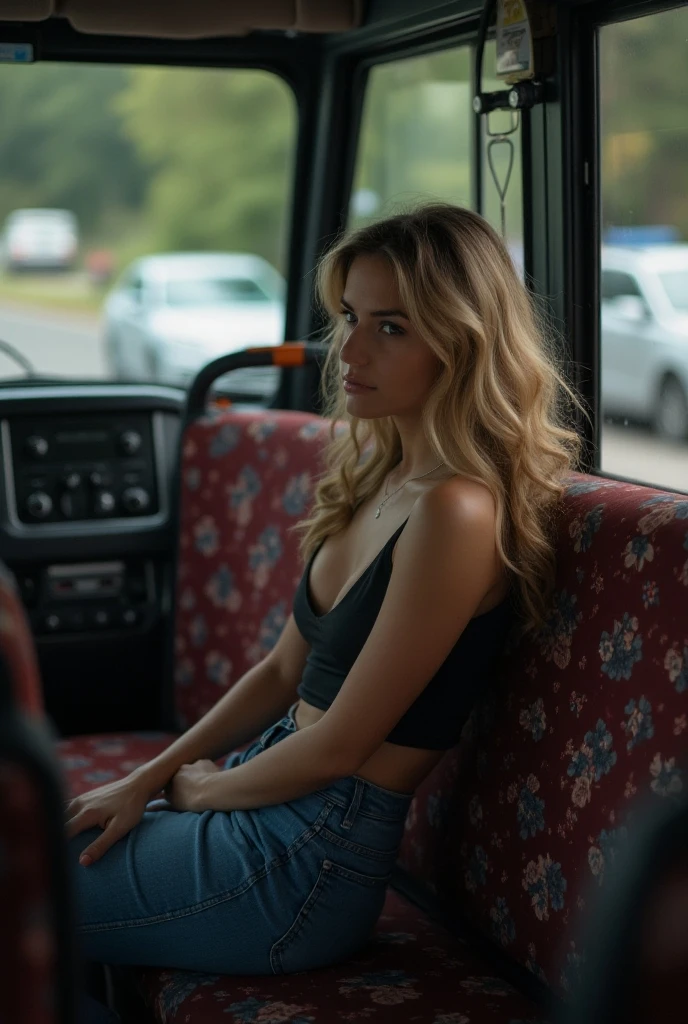 Young woman white skin yellow curly hair, Latin complex sit inside and old Mitsubishi car