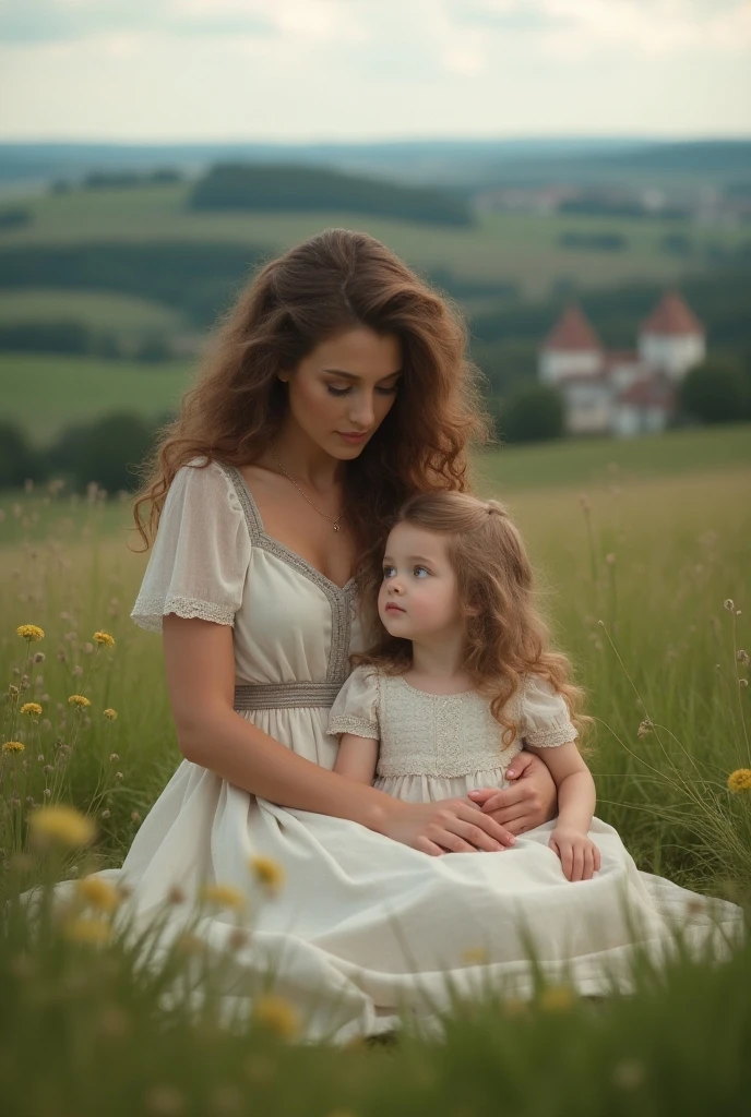 There is a woman holding a on her shoulders, a photo of irakli nadar, tumblr, Digital art, with a girl, Hermosa photo, emotional image, redhead girl, alena aenami and lilia alvarado, beautiful realistic photo, beautiful, Absolutely exceptional image, very beautiful photo, (Digital art), maternal, young and cute
