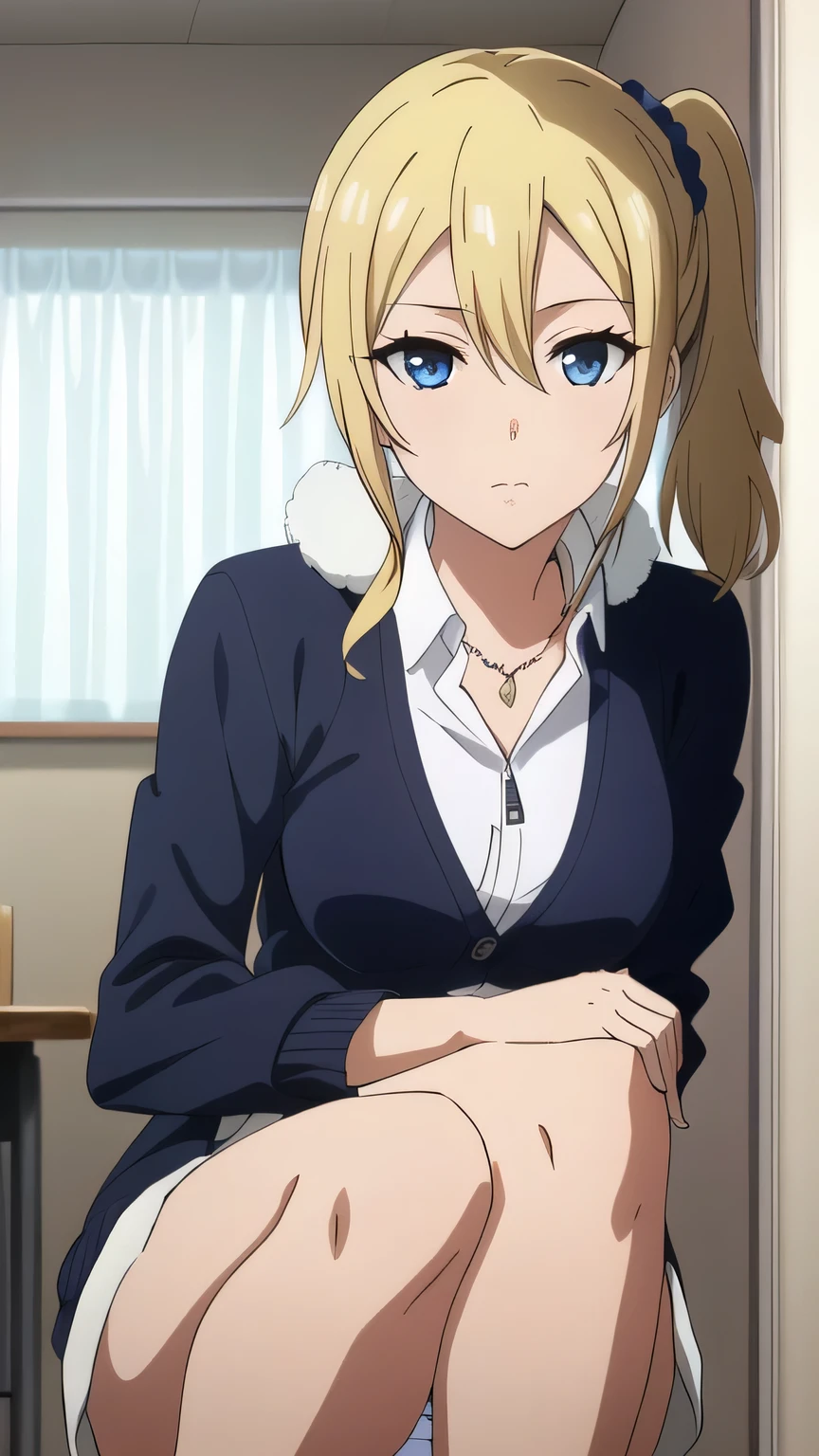 hayasaka,realistic white lace panties ,blonde hair, blue eyes,hair Scrunchie, side ponytail, Scrunchie,  1 girl,alone, hair between eyes,(Shuchiin Academy uniform, shirt,(Eskimo Jacket:1.5), looking at the viewer, , indoor, collared shirt, white shirt, curtain, Upper body, closed mouth, necklace, bangs, alone focus, jewelry, sweater,side lock,  alone, long hair, Cardigan,) ,exquisite visuals,
beautiful Finger,beautiful long legs,Beautiful body,beautiful character design, perfect eyes,  perfect face,expressive eyes, looking at the viewer, Appear on knees,sexy pose,in the center of the image, official art,High Definition CG Unity, Perfect lit, bright_front_face_lit, (table top:1.0),(Highest_quality:1.0),4K,Super detailed, photograph, 8k, nffsw, High resolution, Absurd:1.2, kodak portrait 400, film grain, Lens flare, (lively_color:1.2) (beautiful,medium breasts:1.4), (beautiful_face:1.3),(narrow_waist),
