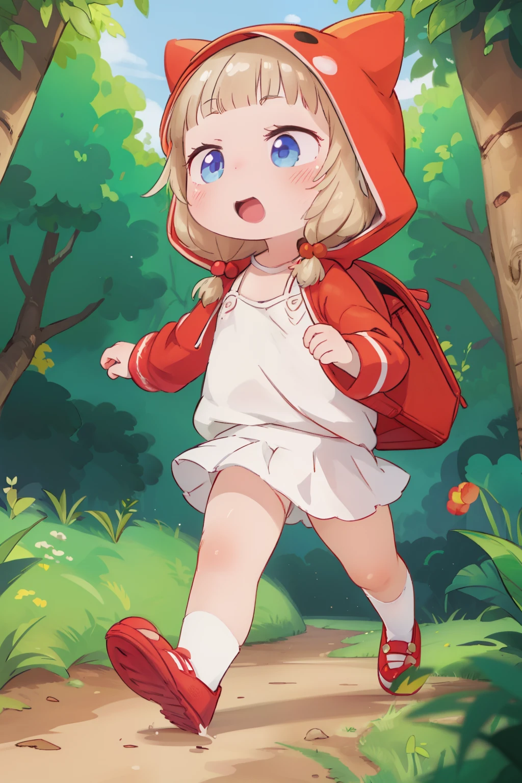 masterpiece，Best Quality，Cute doodles，Cheerful, Honor student，  short stature  ，  Little Red Riding Hood in a cat costume，Running from deep in the woods  ，