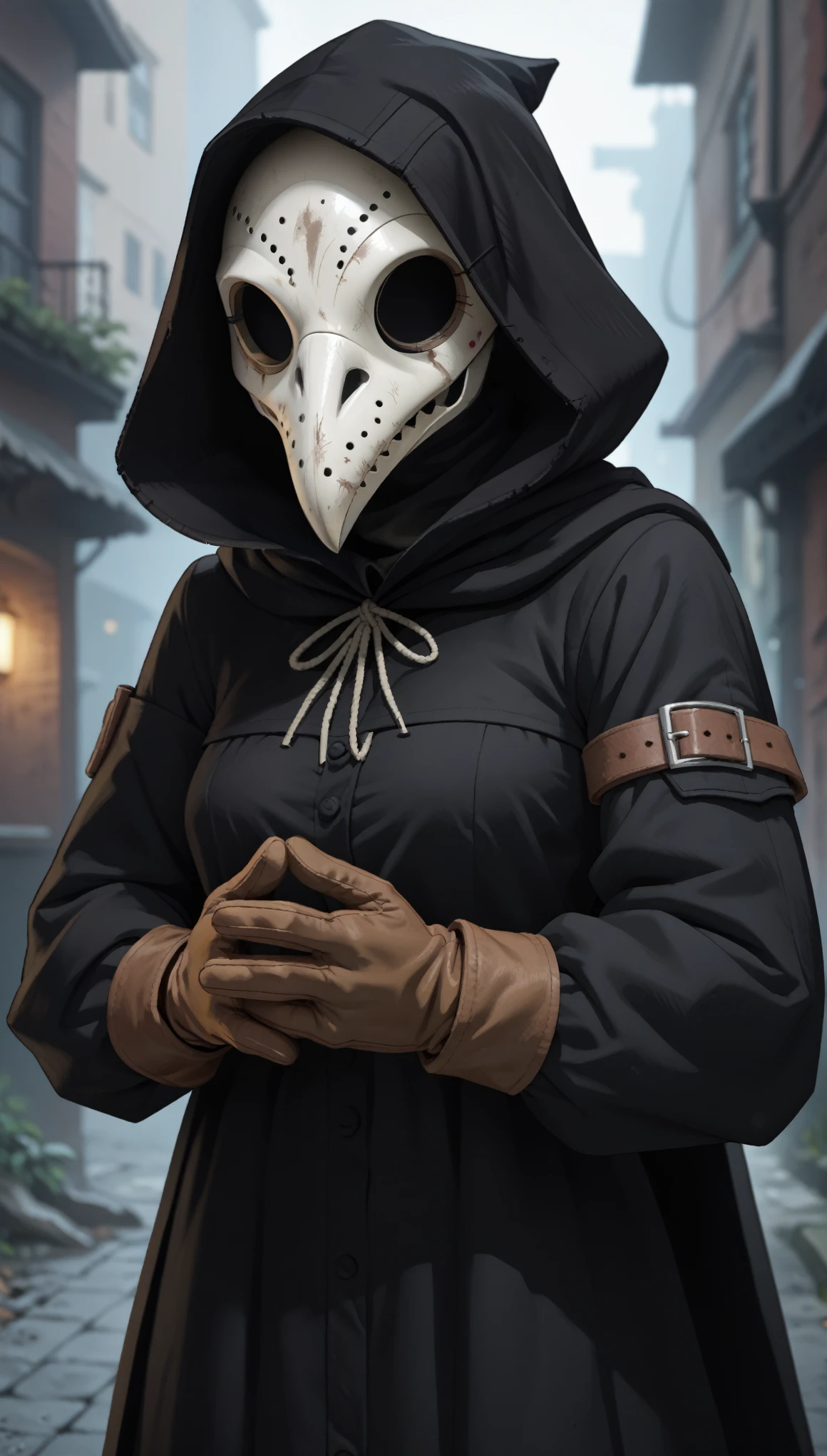 (zPDXL2), (PonyXLV6_Scores), source_anime, source_anthro, source_furry, rating_questionable, Expressiveh, full body, asymmetric image, BREAK
lhata4564, 1girl, solo, hood, mask, gloves, faceless, plague doctor mask, plague doctor