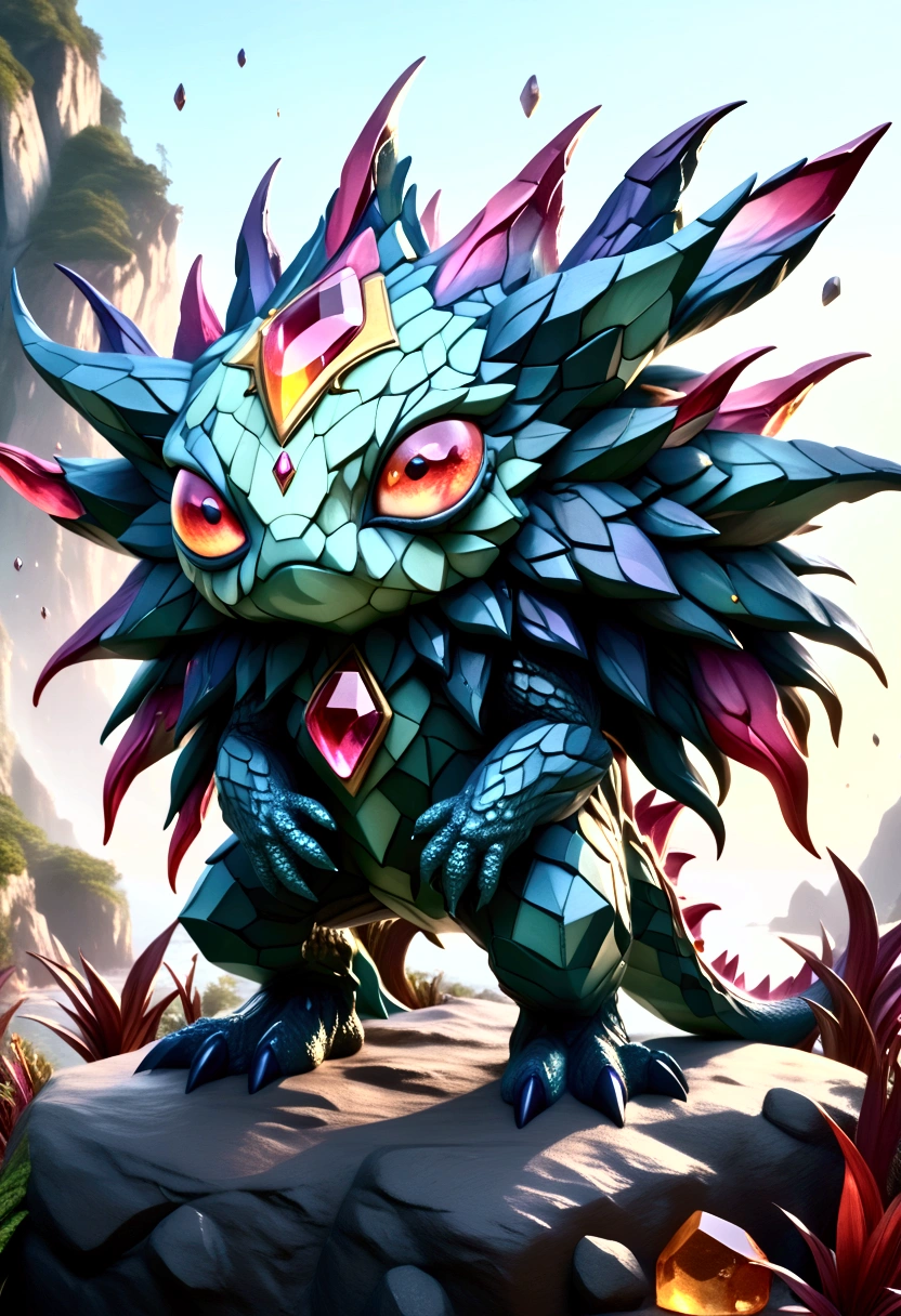 a cute crystal monster, highly detailed 8k, gorgeous bright colors, intricate crystalline structures, magical fantasy creature, glowing gem-like features, photorealistic, extremely high quality, hyper detailed, vivid colors, masterpiece, (best quality,4k,8k,highres,masterpiece:1.2),ultra-detailed,(realistic,photorealistic,photo-realistic:1.37),cinematic lighting,vibrant fantasy art