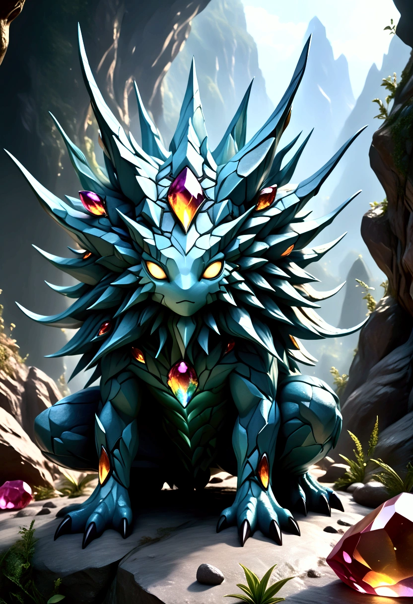 a cute crystal monster, highly detailed 8k, gorgeous bright colors, intricate crystalline structures, magical fantasy creature, glowing gem-like features, photorealistic, extremely high quality, hyper detailed, vivid colors, masterpiece, (best quality,4k,8k,highres,masterpiece:1.2),ultra-detailed,(realistic,photorealistic,photo-realistic:1.37),cinematic lighting,vibrant fantasy art