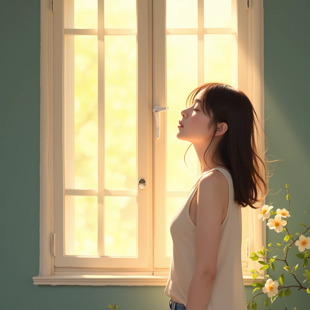 A minimalist cartoon illustration of a young Asian woman standing by the window of an old European house, enjoying the gentle warmth of a spring morning. Sunlight softly illuminates her face as she tilts her head slightly upwards, eyes closed, savoring the peaceful moment. Her hair flows softly in the breeze, adding a touch of grace and serenity to the scene. The atmosphere is calm and refreshing, capturing the quiet beauty of morning light.